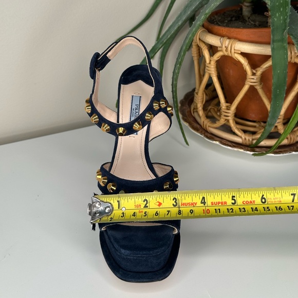 PRADA Navy Blue Suede Gold Stud Platform Sandals Heels 37.5 Italy - Picture 12 of 13